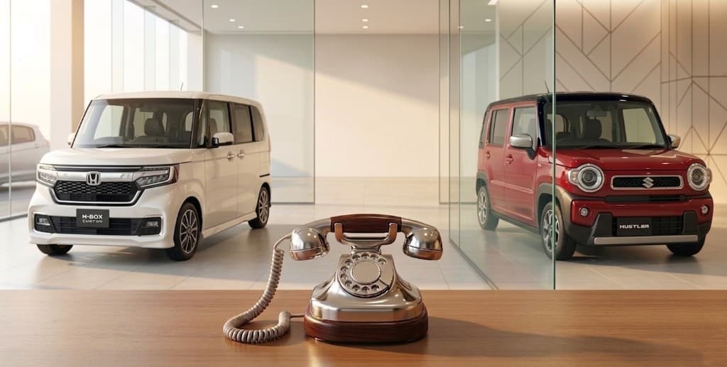 受付カウンターの電話機とショールームに並ぶ展示車