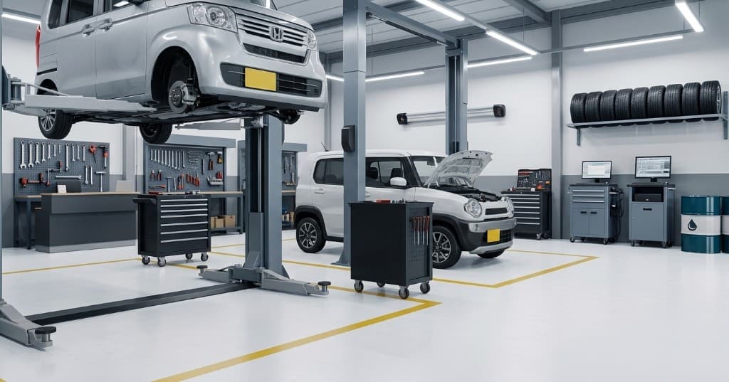 明るい整備工場の作業スペース。リフト上の車両とボンネットを開けた車、工具棚や診断用機器が並ぶ様子